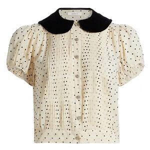 Doen Madeline Cream Polka Dot Blouse with Black Collar